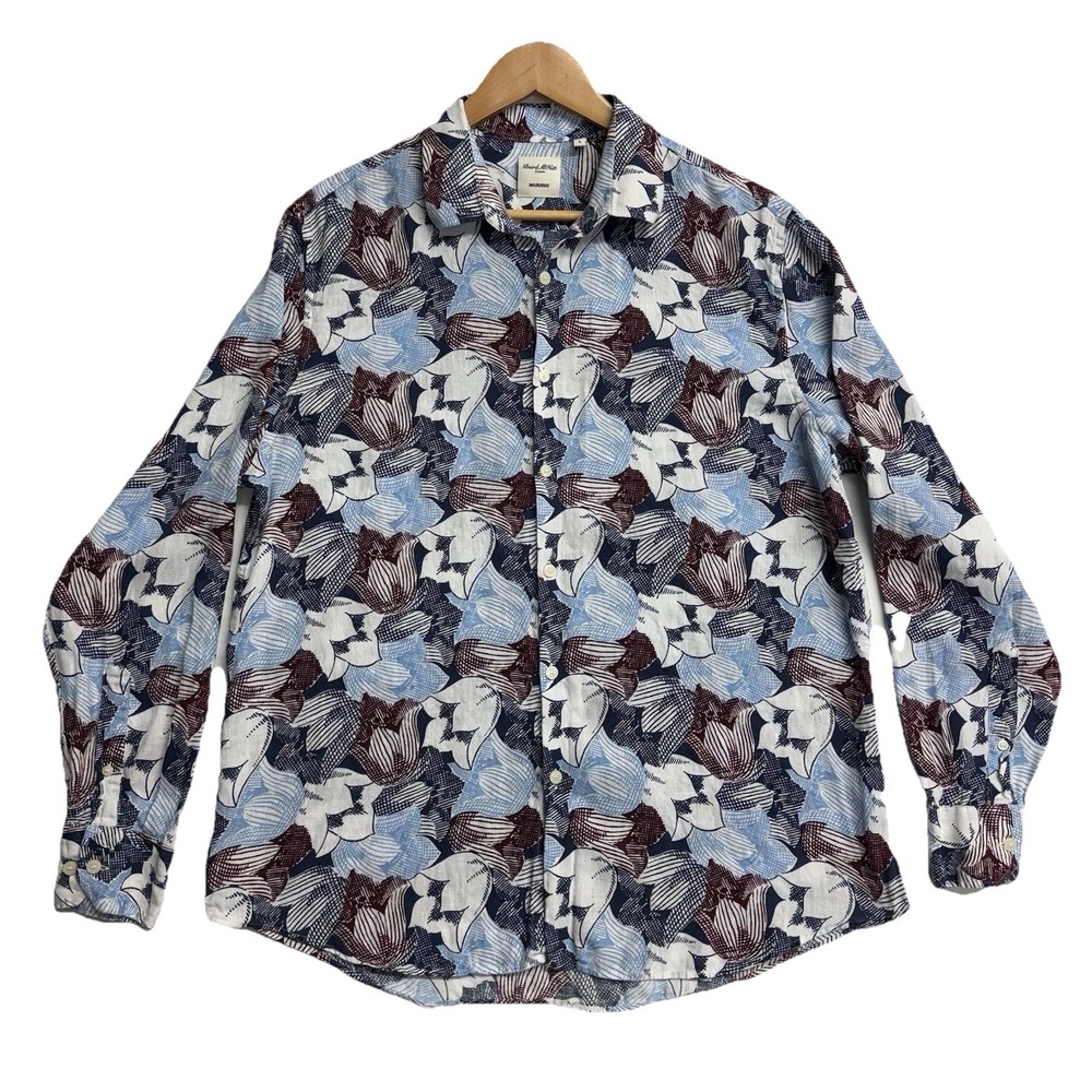 Murano Baird McNutt Linen Shirt Mens Large Floral Button Front Long Sleeve Coast
